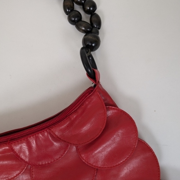 Scalloped Shoulder Bag Purse Handbag Beaded Faux Leather Pleather Cherry Red - Picture 7 of 10